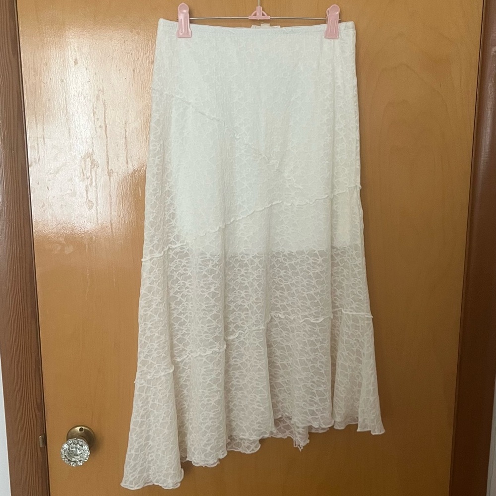 See You Monday White Asymmetrical Lace Midi Skirt